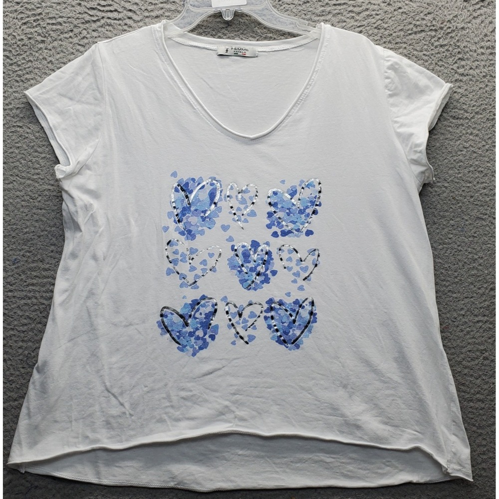Femme Fatale T Shirt Top Womens ‎ Large White Heart Print Short Sleeve High Low